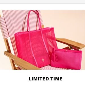NWT Limited Edition Pink Mesh Tote Bag with Removable Pouch Set